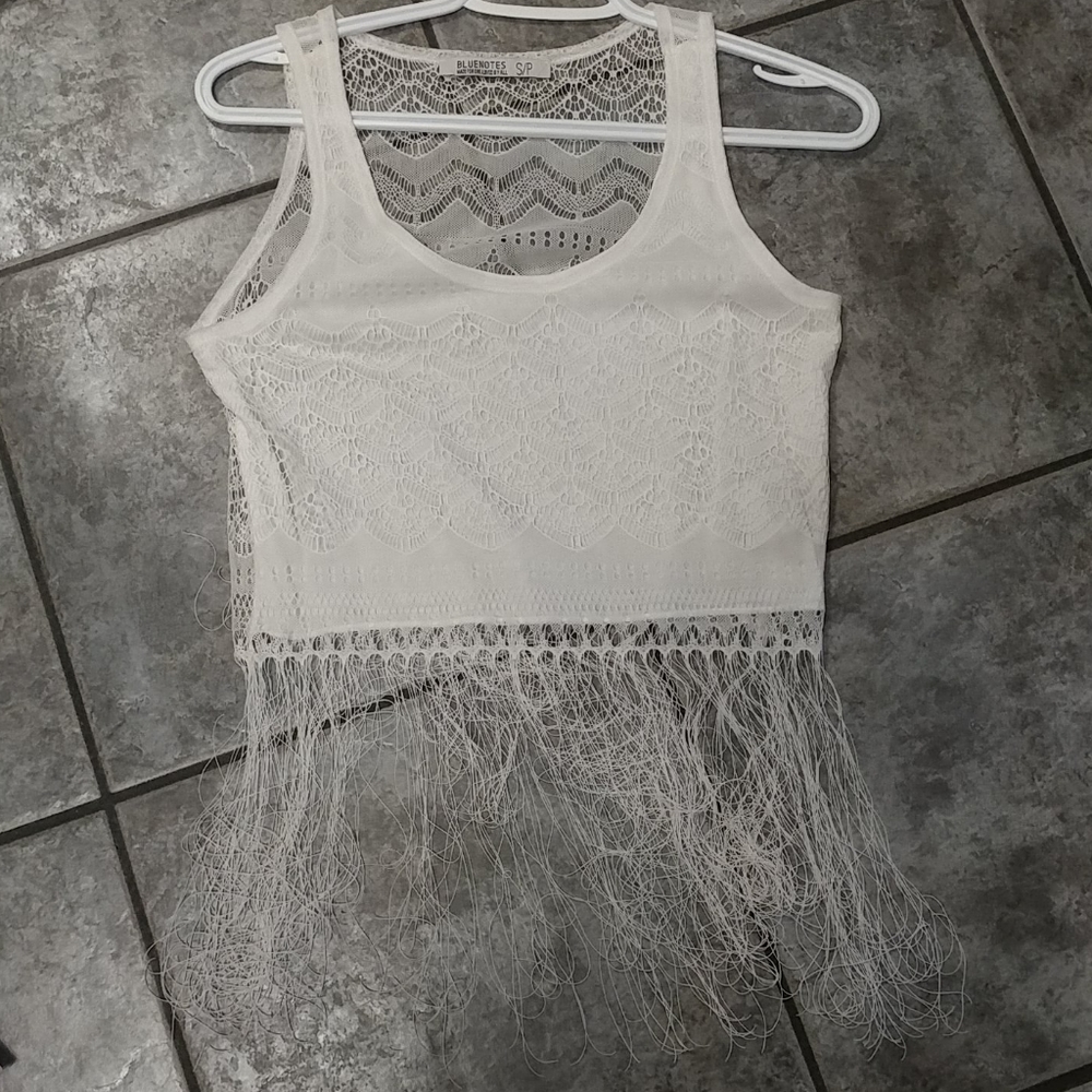 (2/$20) Cream white lace crop top with tassels